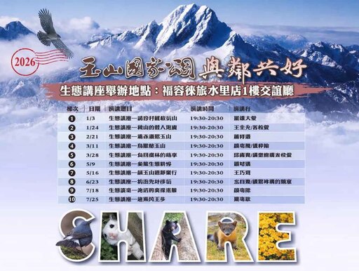 2026玉山國家公園與鄰共好系列生態講座（10場次）